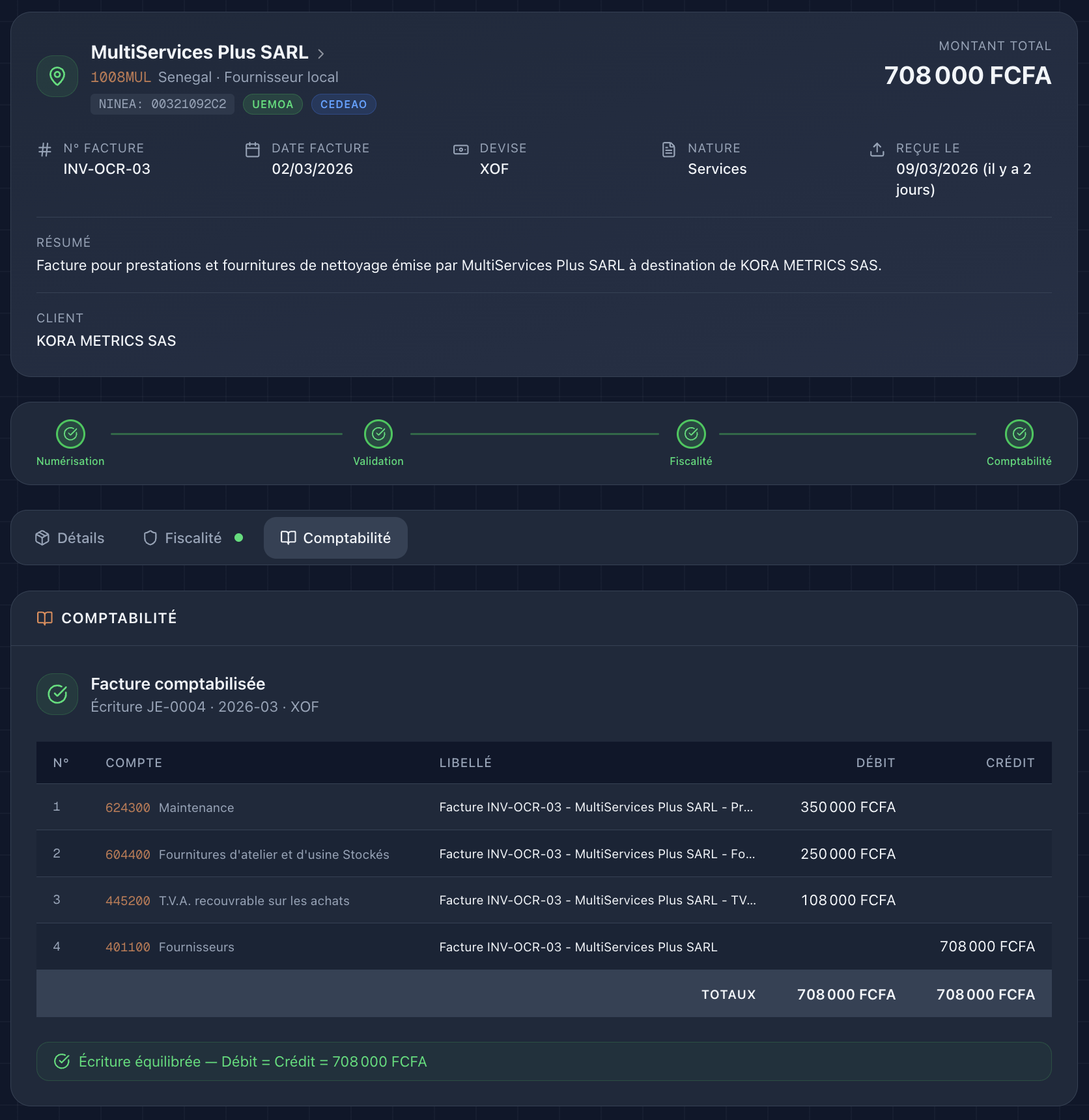 Kora Metrics — Comptabilisation automatique